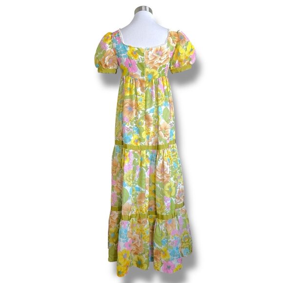 Vintage 1960s Womens Maxi Dress Sz Small Medium Boho Floral Puff Sleeve Tiered - Picture 9 of 10